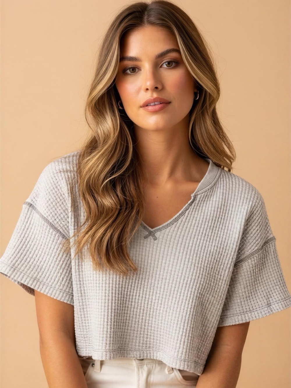 Offline by Aerie Cropped Waffle Knit Short Sleeve Top in Light Gray Size S